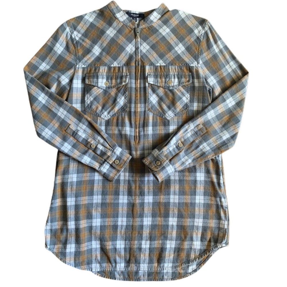 Madewell Gray Plaid 100% Cotton Flannel Half Zip Pullover Shirt Sz XS